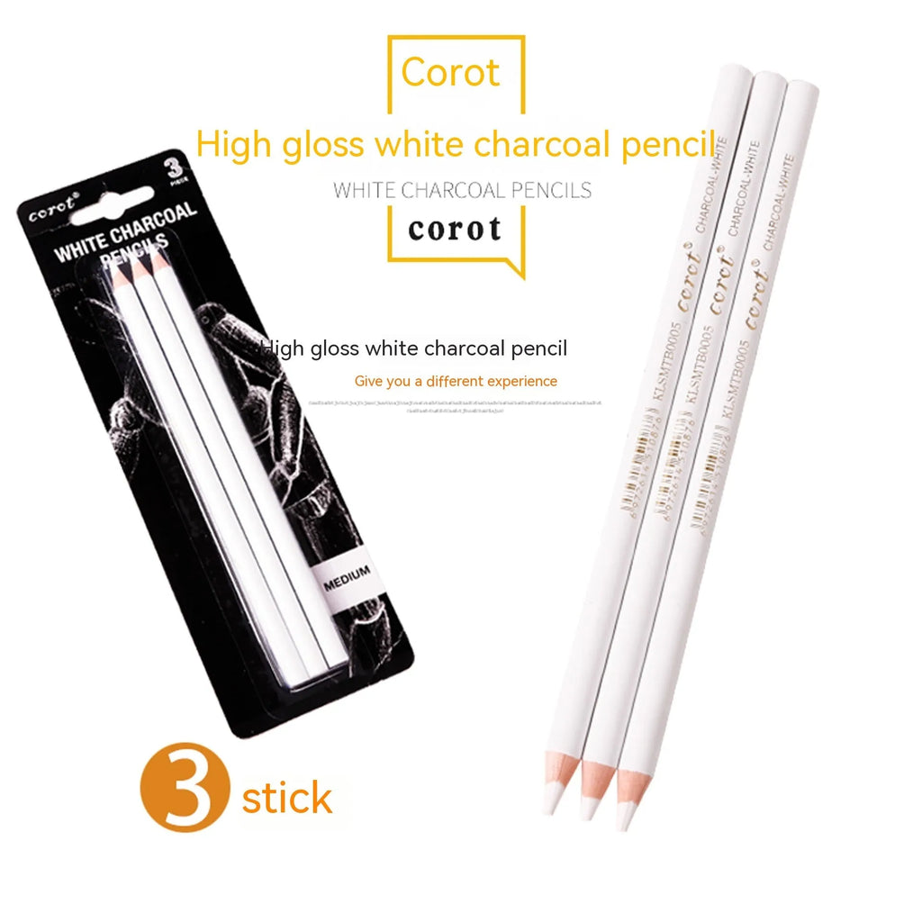 White charcoal pencil sketching set with highlighting pen and powder lead brush tools in wooden casing