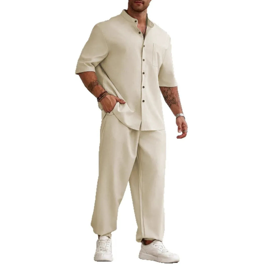 Men's apricot cotton linen casual short sleeve shirt and long trousers set on a hanger