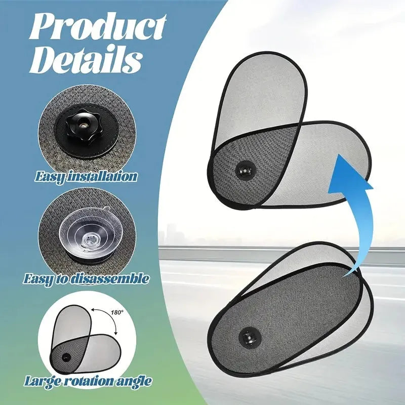 Breathable car window shade stretched on side window with suction cups visible