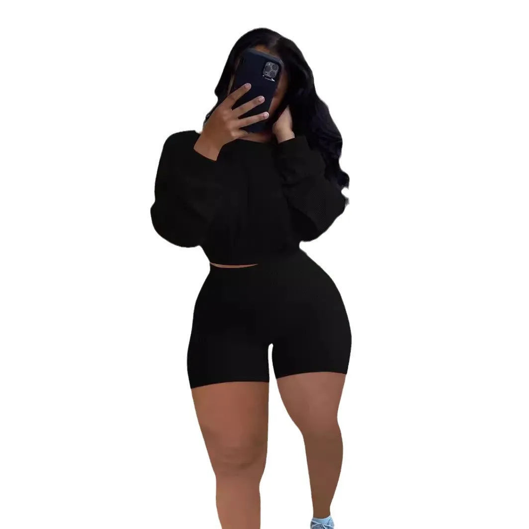 Women's sunken stripe off-the-shoulder long sleeve top with solid colour shorts in a selection of colours