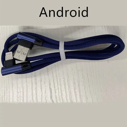 Fast charging USB cable with denim textile exterior and aluminium connectors in black, blue, and red.
