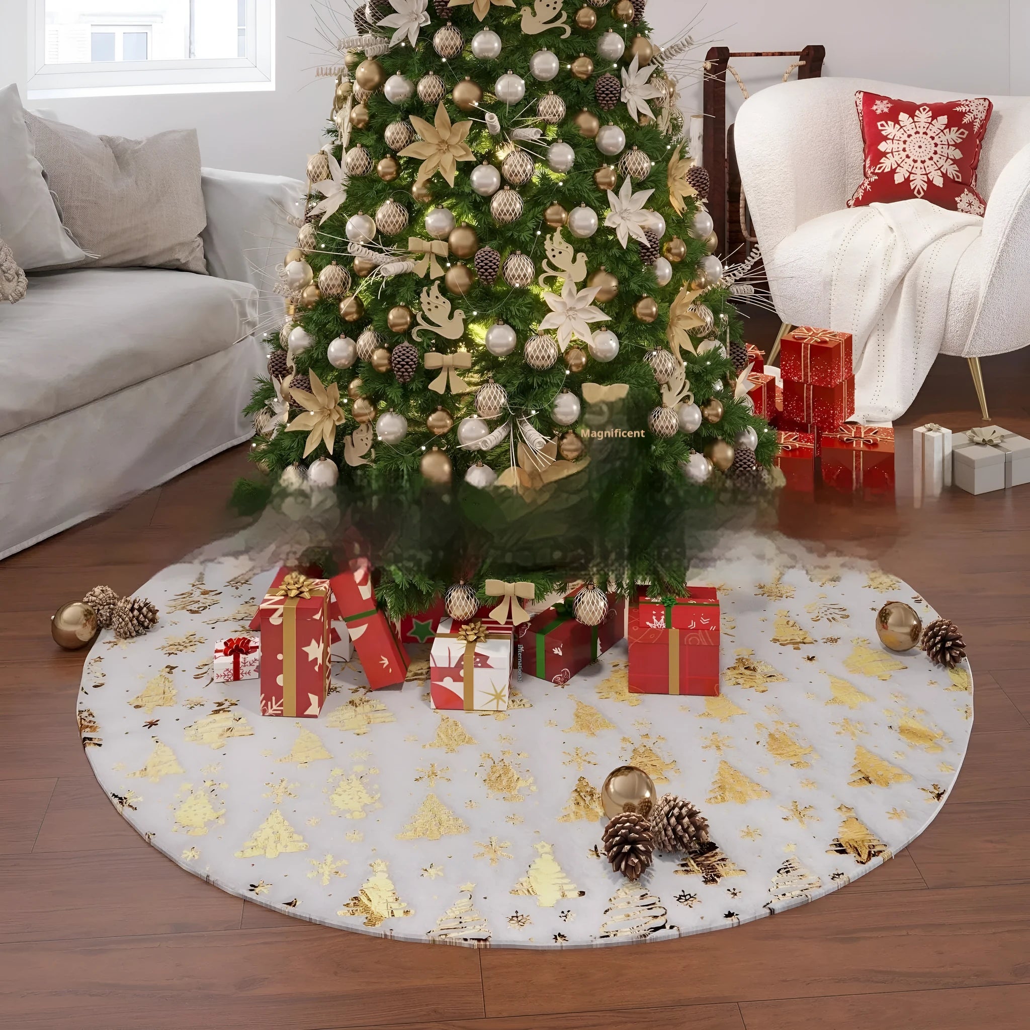 Plush Christmas tree style floor mat rug in a festive home entrance setting.