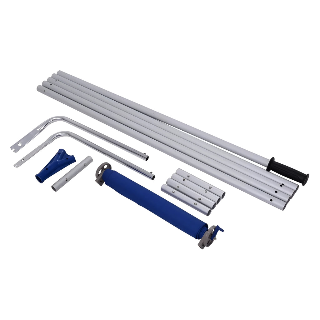 Blue roof snow removal rake with retractable aluminum pole and Oxford cloth on a snow-covered roof