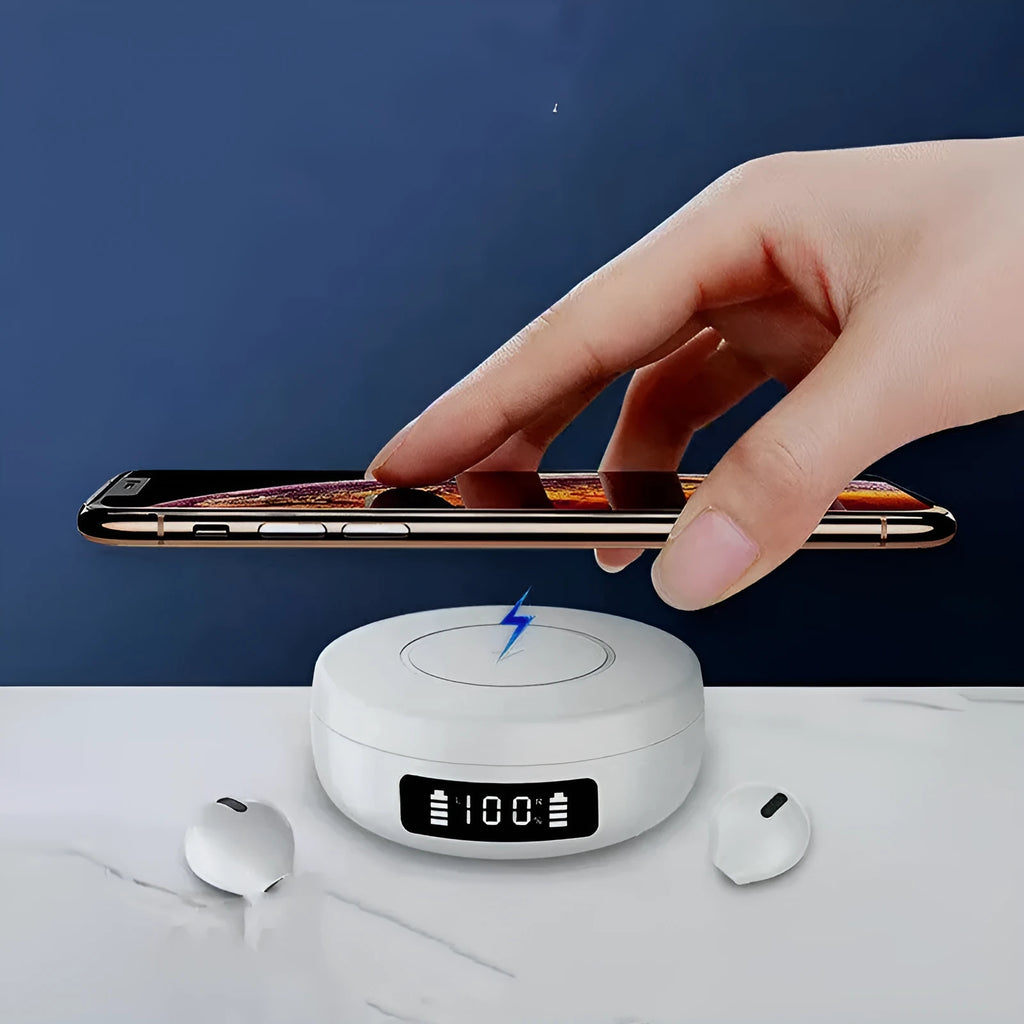 Mini small semi-in-ear wireless headphones in black, blue, or white with a matching charging case.