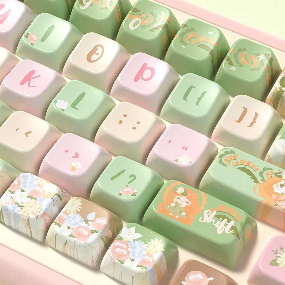Sublimated summer garden floral design key cap set for mechanical keyboards, shown in 138-key and 158-key options.