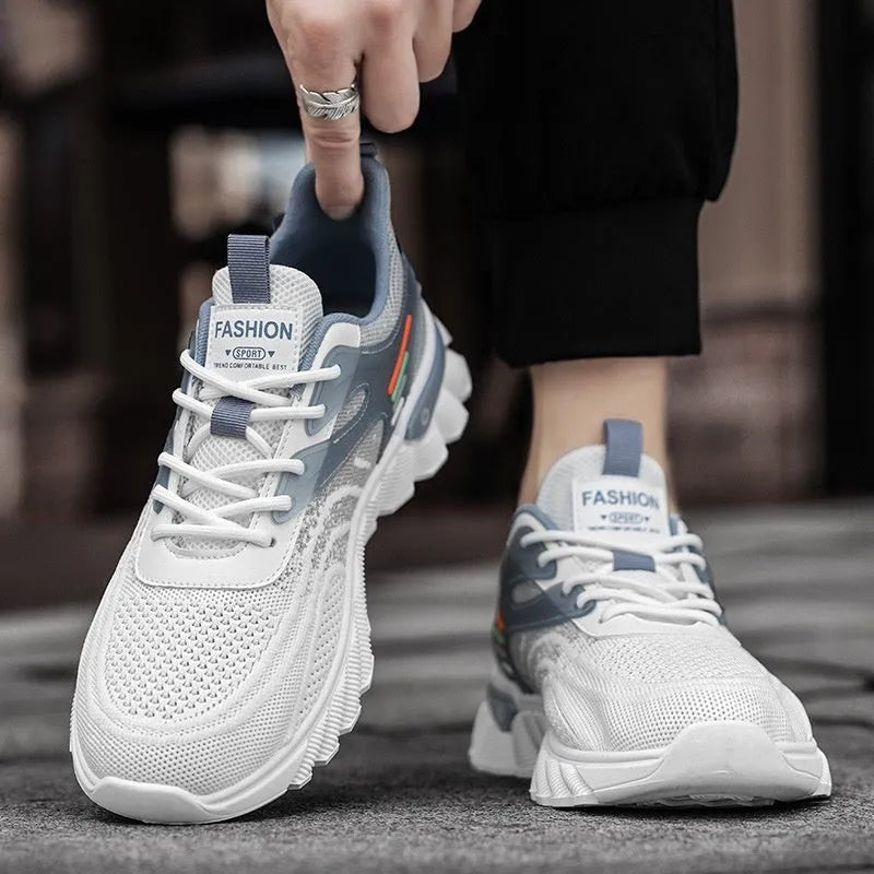 Men's low-top platform casual shoes in white blue with mesh upper and rubber sole.