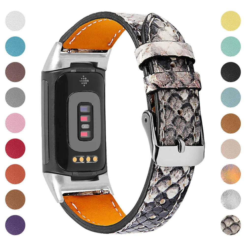 Genuine leather watch strap for Fitbit Charge 5 and Charge 6 fitness trackers on a wrist.