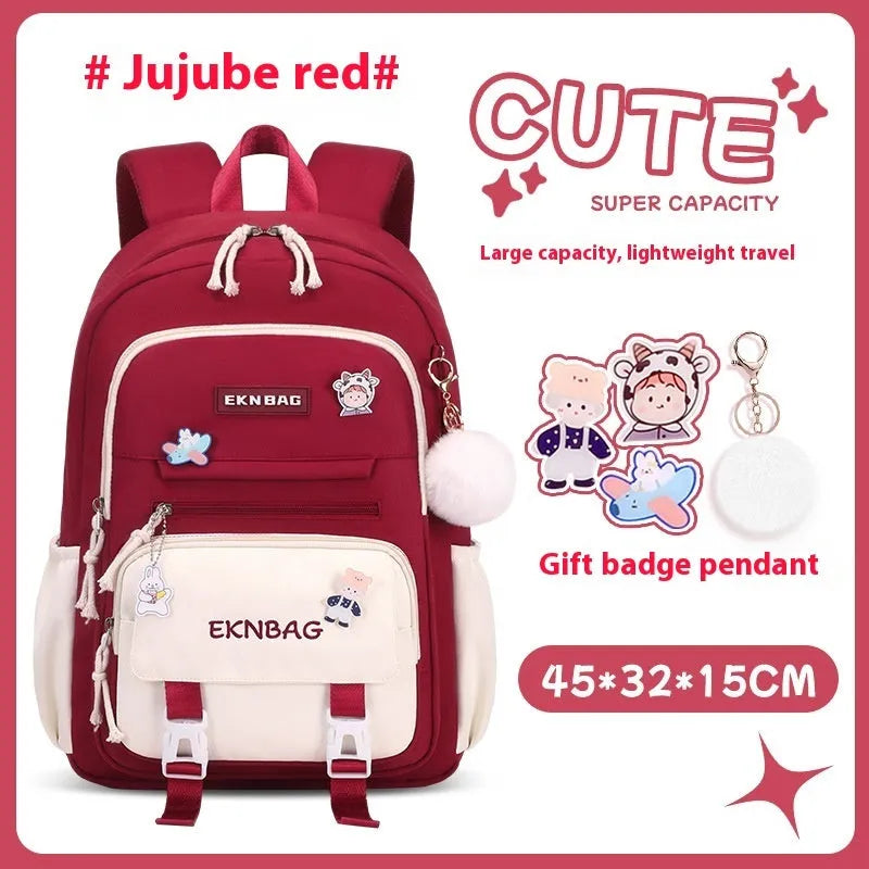 Girls waterproof Oxford cloth school backpack with curved straps and spine protection in solid colours for grade 5-6 students