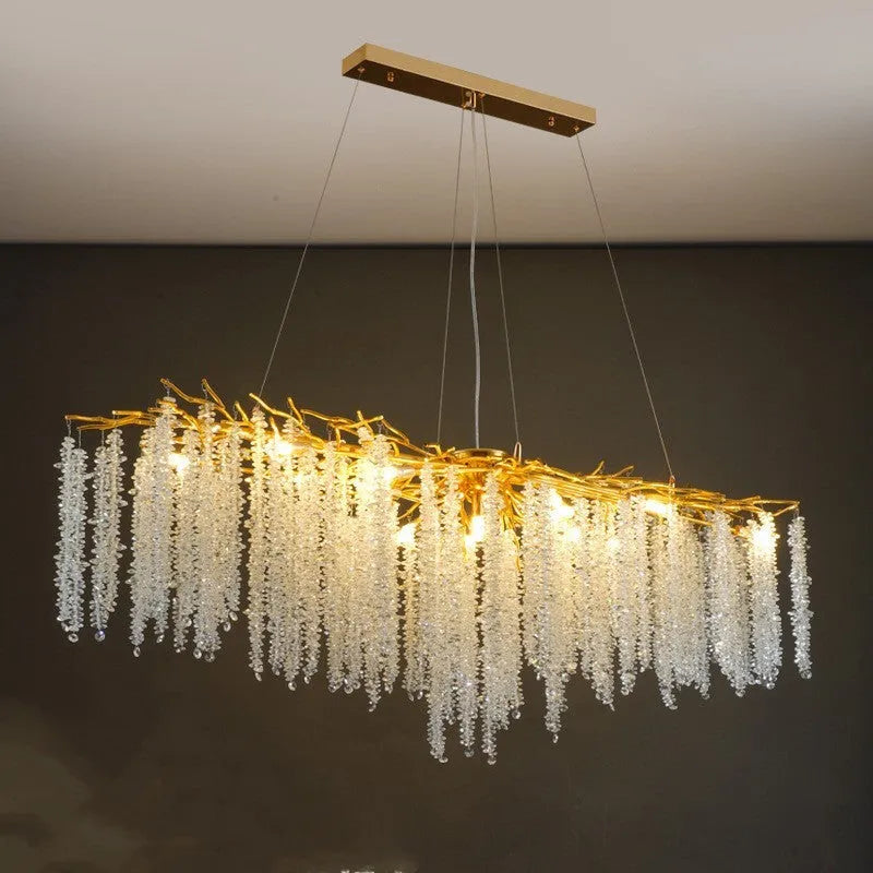Adjustable height crystal LED chandelier in a choice of round or long styles for villa living room
