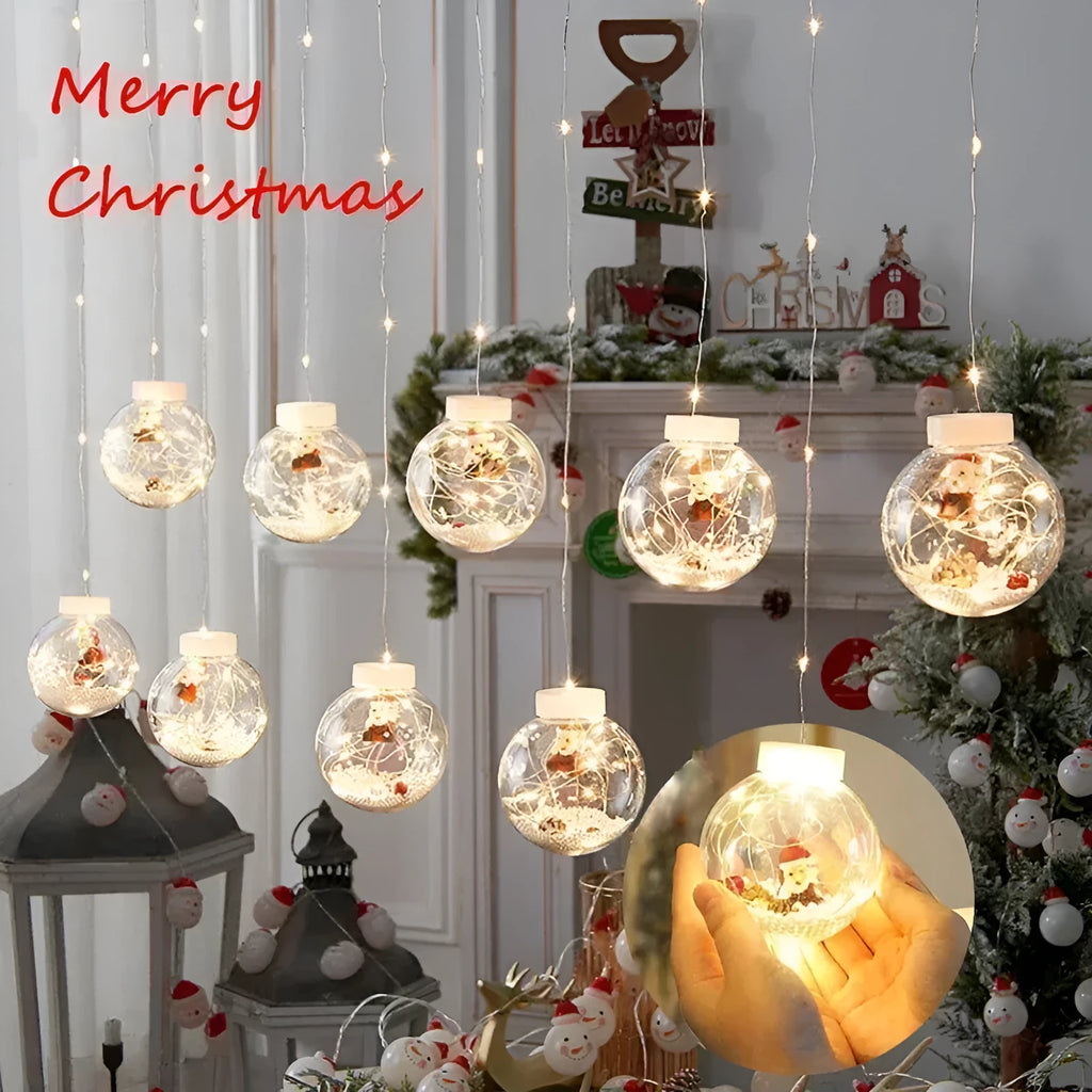 LED Christmas curtain light string with 10 decorative PVC lamp balls showing fairy, snowman, and wishing ball designs.