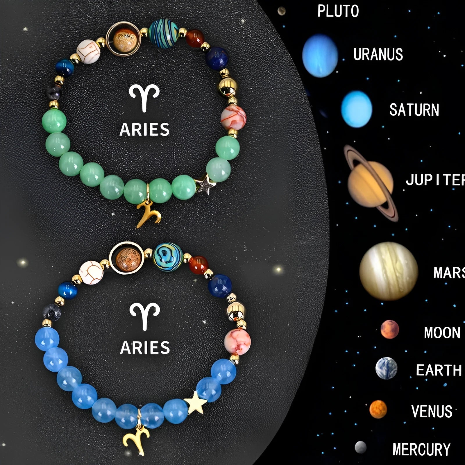 A pair of natural stone beaded bracelets from a twelve-piece zodiac sign collection.