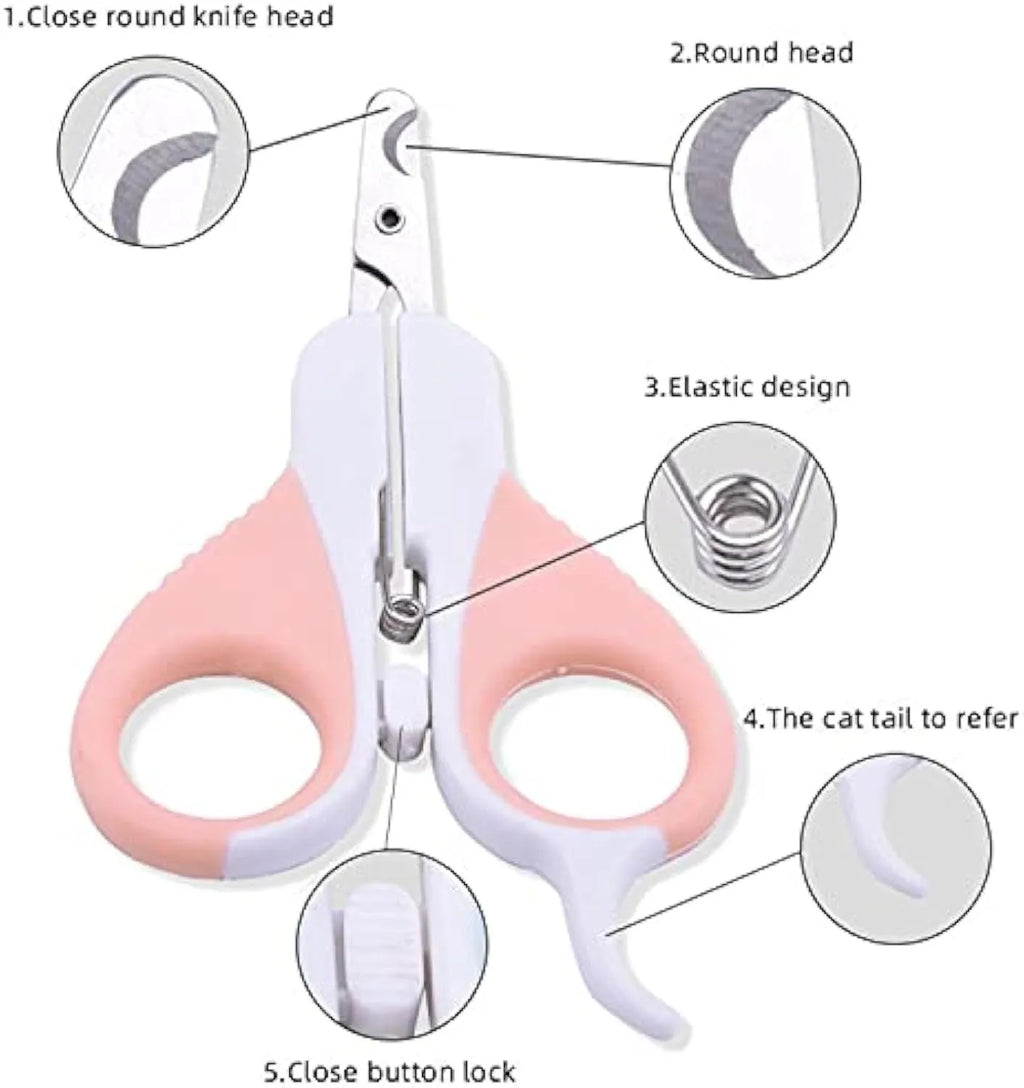 Grey and pink cat nail clippers with angled stainless steel blade and safety guard on a non-slip handle.