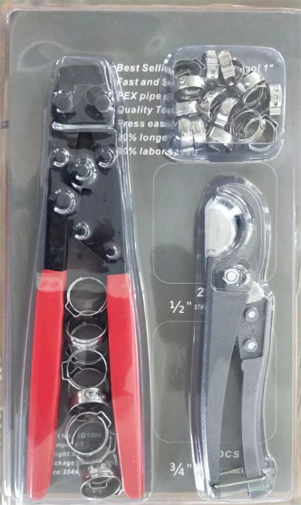 Red cloth packaged PEX clamp set with single ear metal clamps and carbon steel cutting edges
