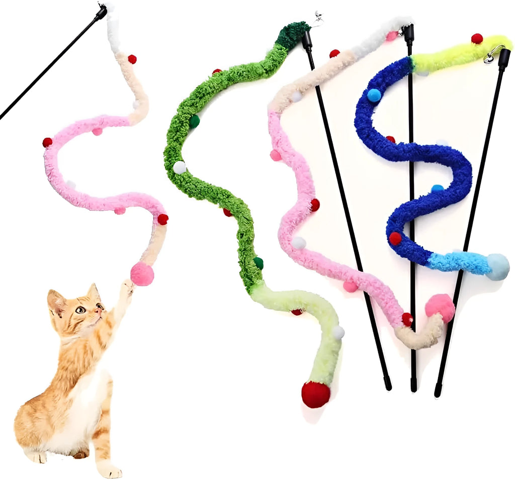 Blue interactive cat wand toy with plush strip, fluffy ball, and bell on a 41cm pole.