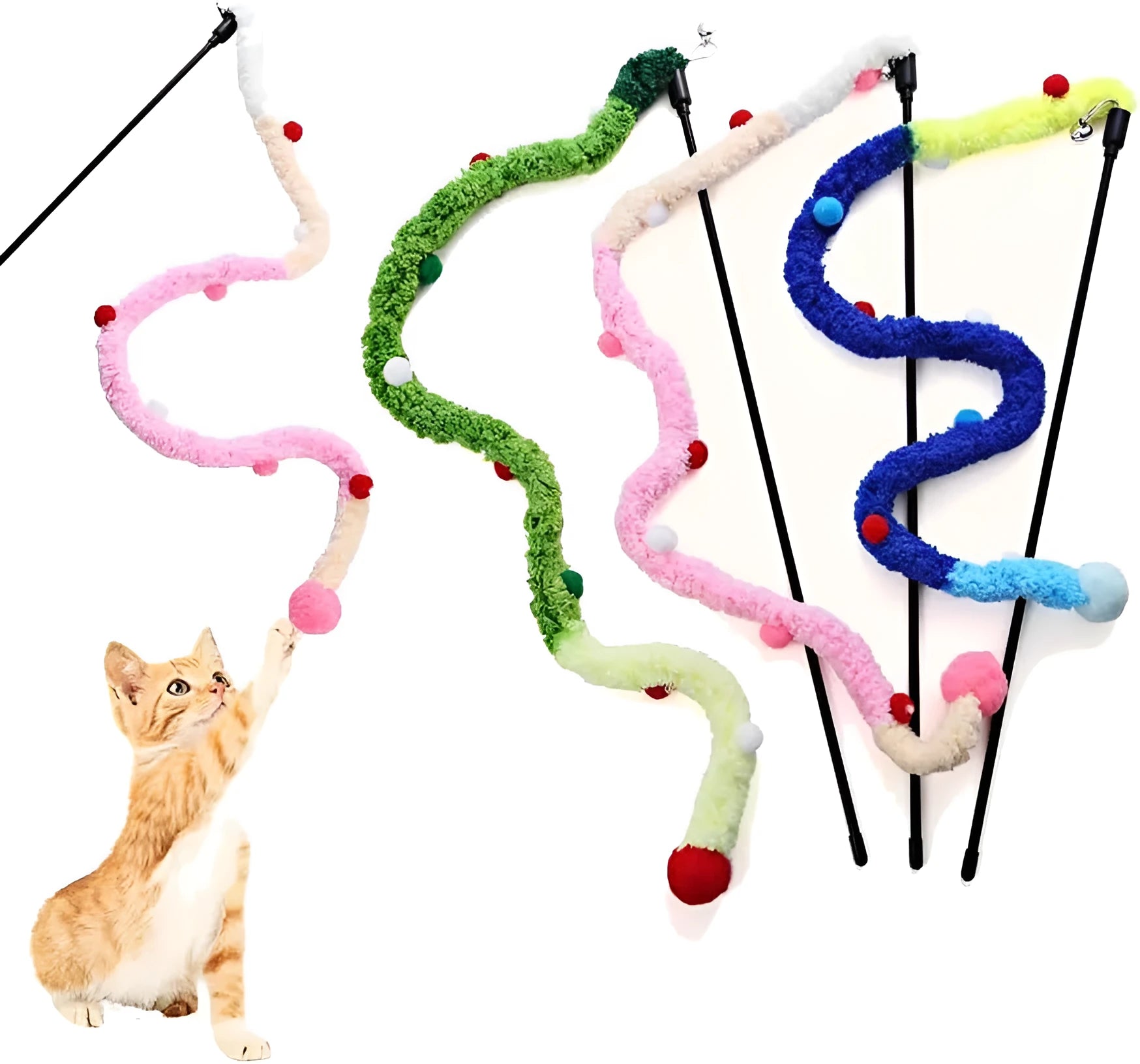 Blue interactive cat wand toy with plush strip, fluffy ball, and bell on a 41cm pole.