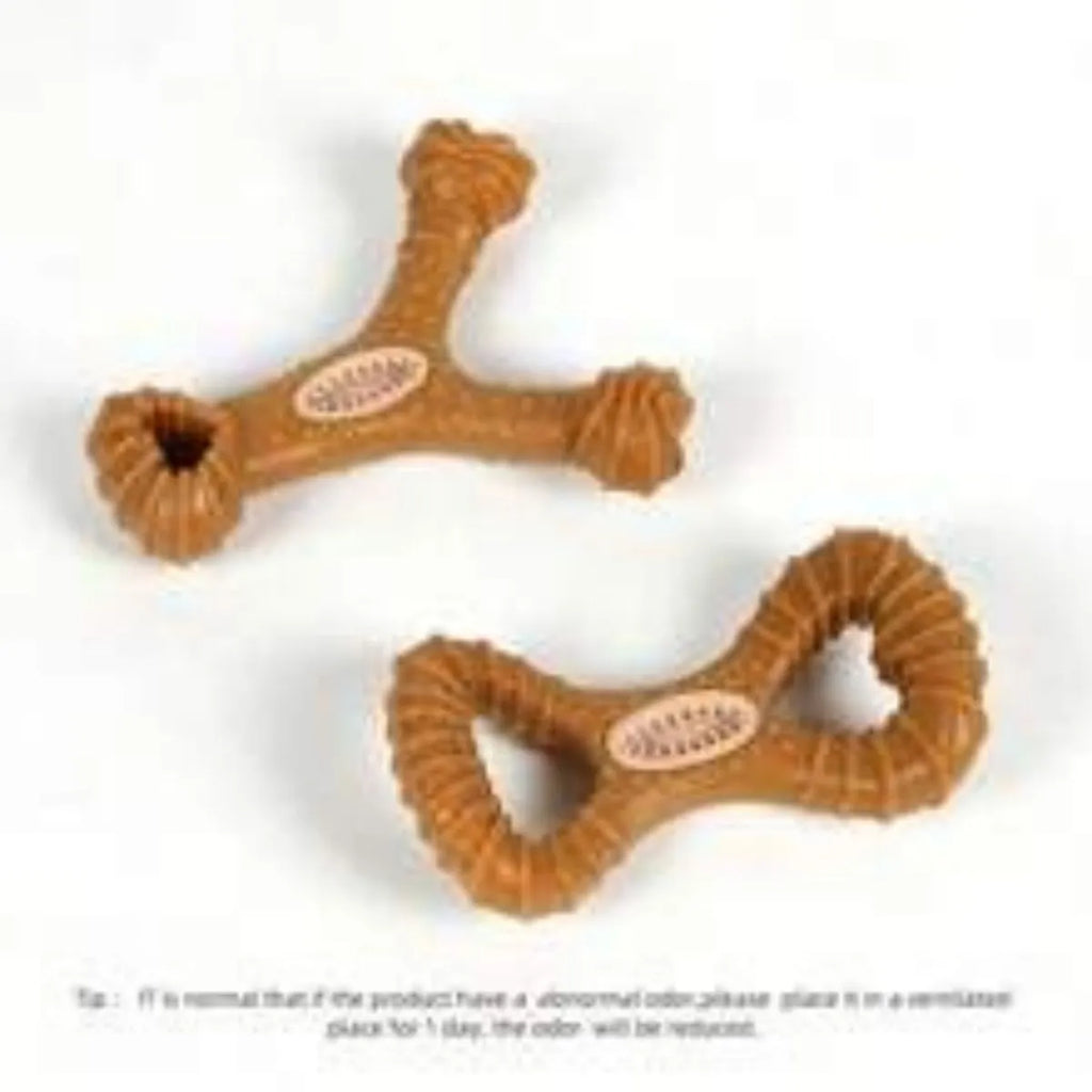 Dog chew toy bone in durable rubber showing 8 shape and Y shape options for teeth cleaning