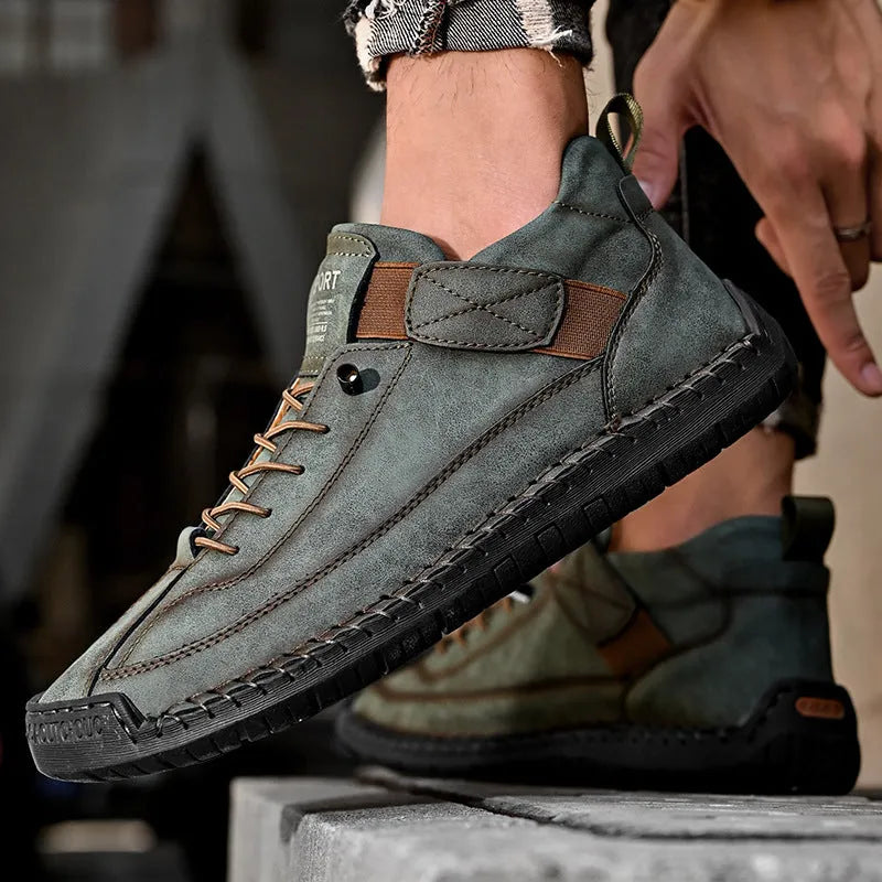 Men's mid-top Martin boot in multiple colours showing microfiber upper, round toe, flat heel, and tooling stitching detail.