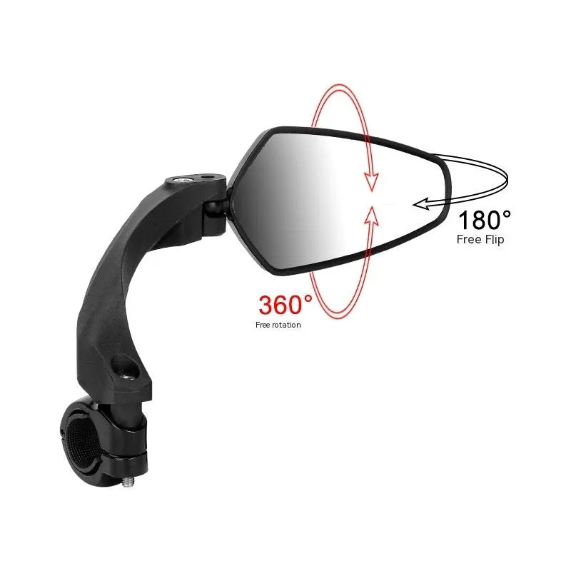 Black acrylic bicycle rearview mirror for mountain bikes, showing rotatable head and approximate 210mm by 102.5mm size.