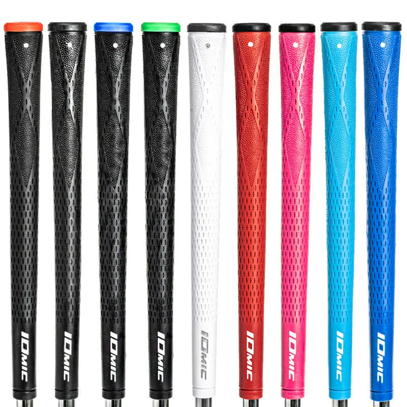 TPE non-slip golf club grip shown in multiple colour options including red, blue, and black.