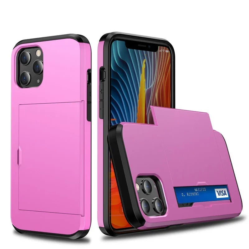 iPhone 13 mobile phone wallet case with sliding card cover in multiple colour options