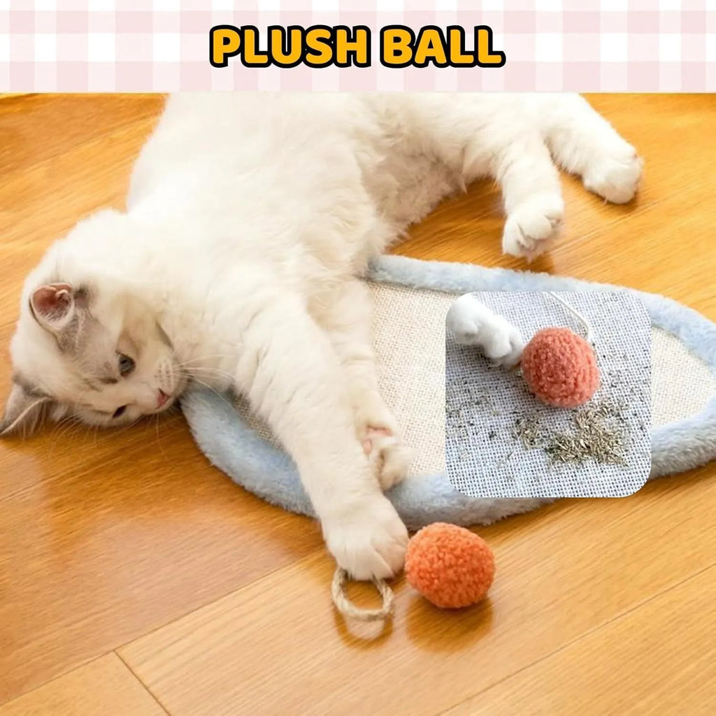 White cat scratching mat with sleeping cat cartoon design, made from natural sisal fibre.