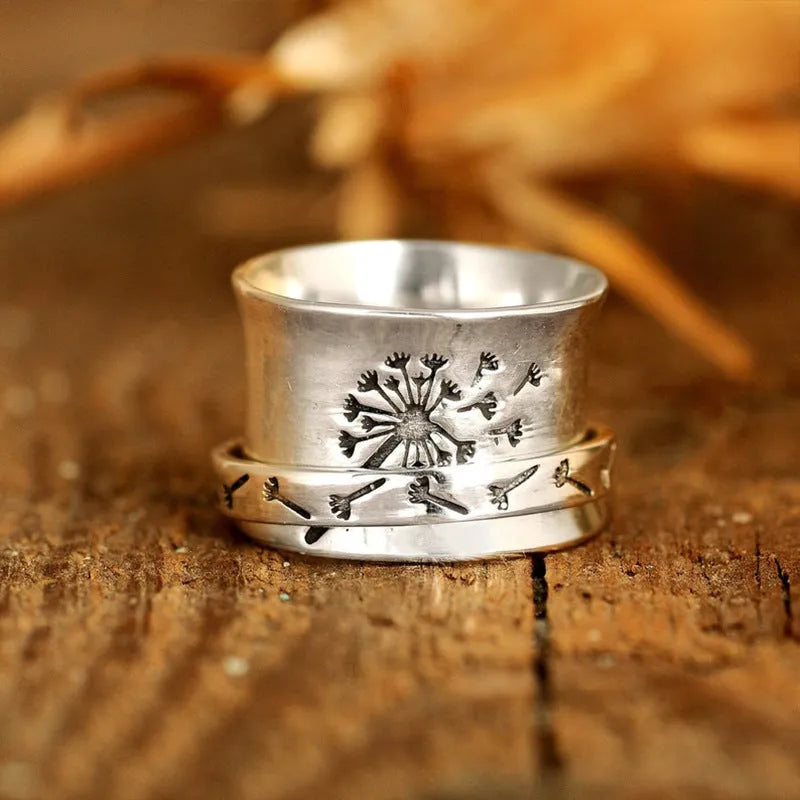Silver electroplated rotatable flower ring showing floral design and European American sizes 7 to 11