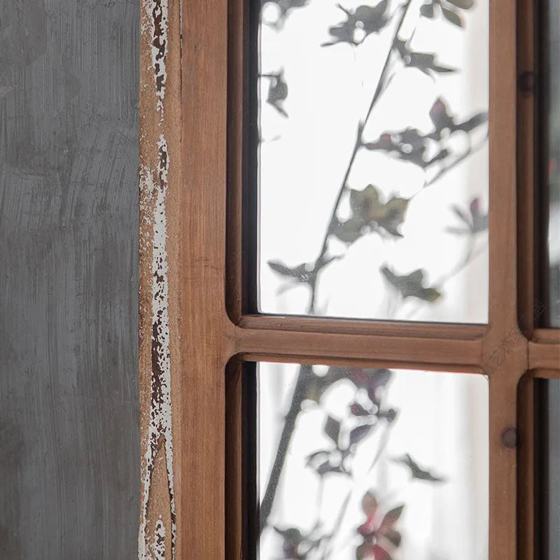 Terrace style distressed fake window wall mirror with wooden frame and glass panel in log colour