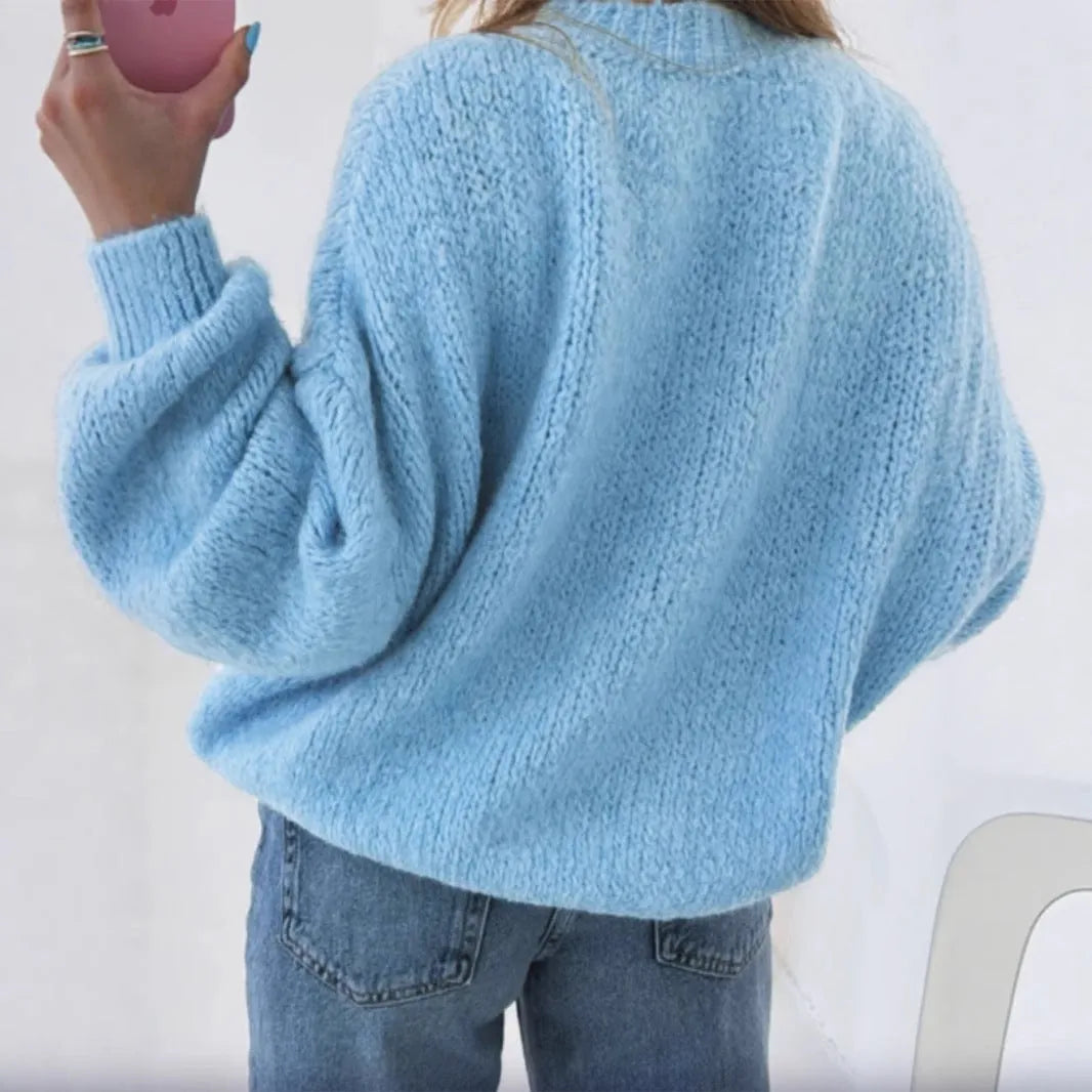 Blue round neck loose fit long sleeve pullover sweater for women