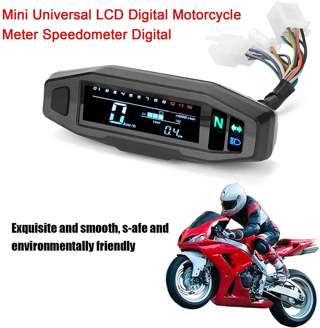 Black motorcycle mini speedometer LCD display with digital readouts for speed, RPM, and fuel level.