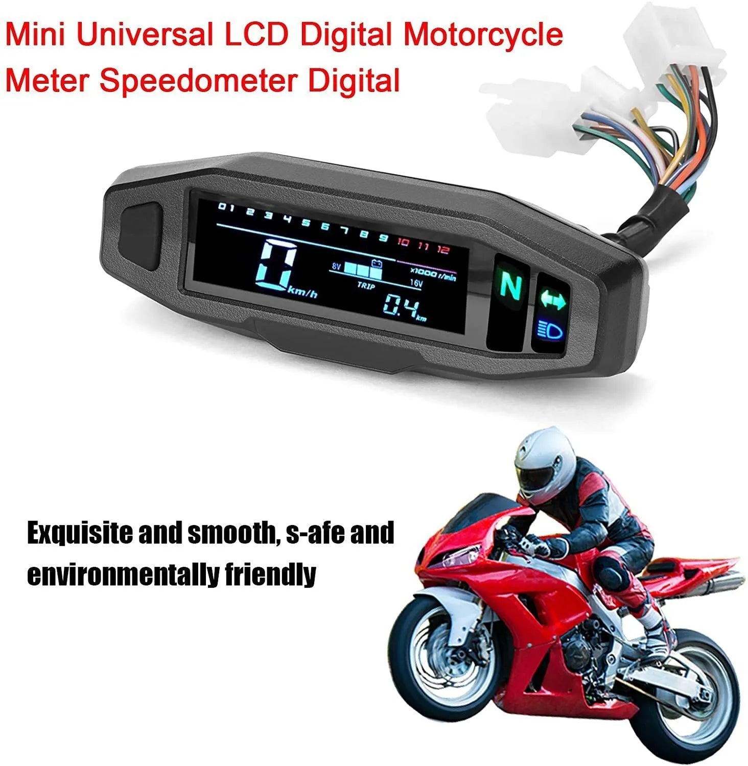 Black motorcycle mini speedometer LCD display with digital readouts for speed, RPM, and fuel level.