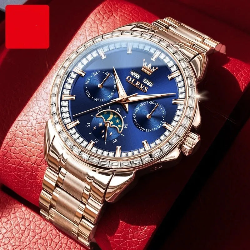 Men's automatic mechanical watch with diamond markers on stainless steel band