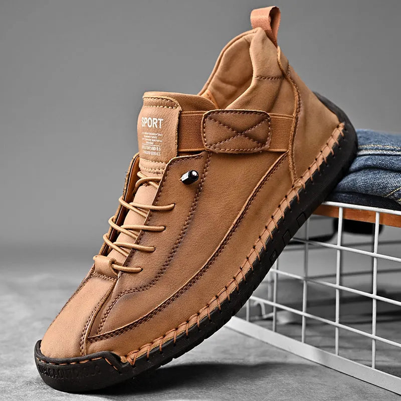 Men's mid-top Martin boot in multiple colours showing microfiber upper, round toe, flat heel, and tooling stitching detail.