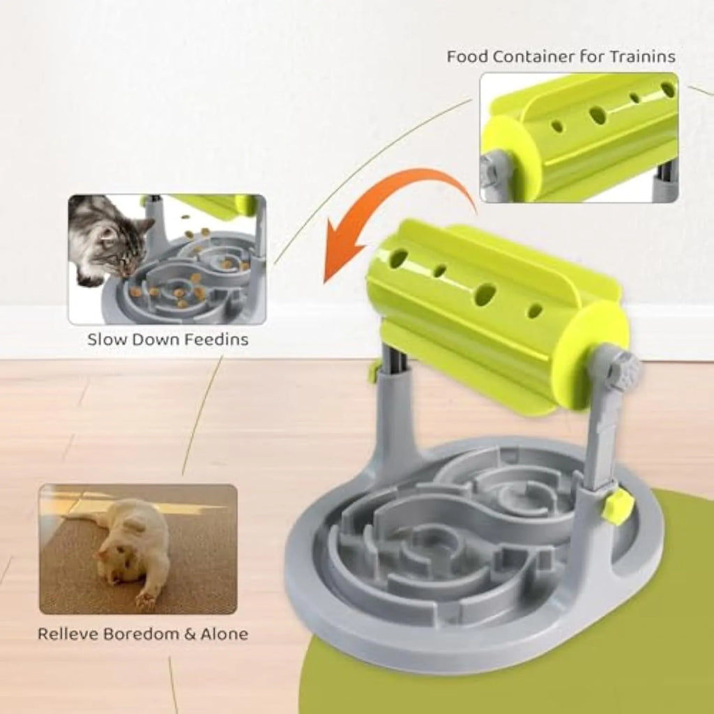 Adjustable height interactive pet food puzzle feeder for dogs and cats