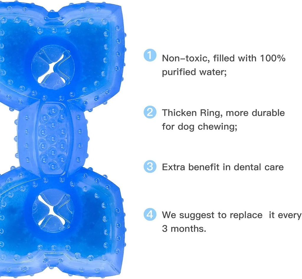 Freezable blue dog chew toy for teething puppies and cooling relief.