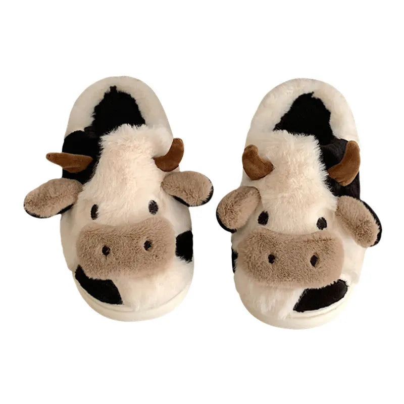White cartoon cow plush slippers with anti-slip PVC soles for women