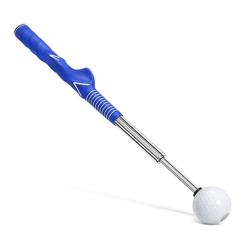 Stainless steel telescopic golf swing trainer in black, blue, and red colour options.