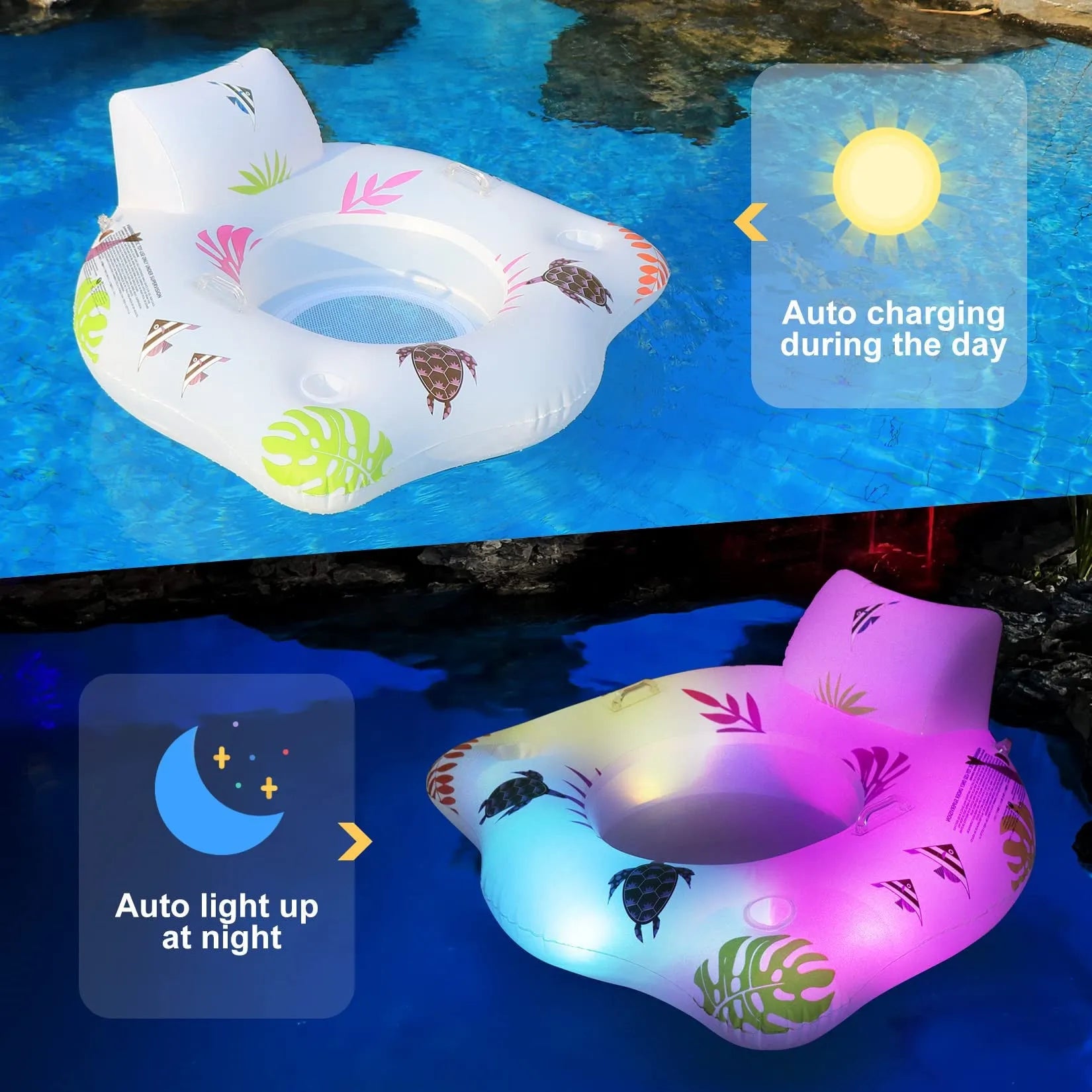 White luminous U-shaped inflatable float lounger on water, measuring 120cm by 120cm.