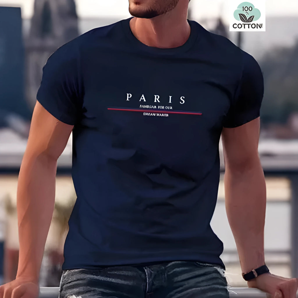 Man wearing a heavy loose-fit pure cotton T-shirt with a letter print on the chest in a casual setting.