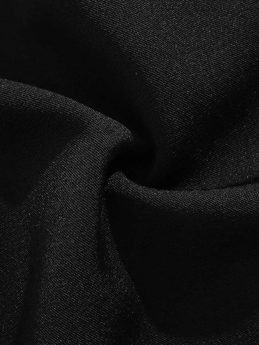 Black men's semi-elastic shorts with a colour button, loose straight-leg cut, and zip fly.