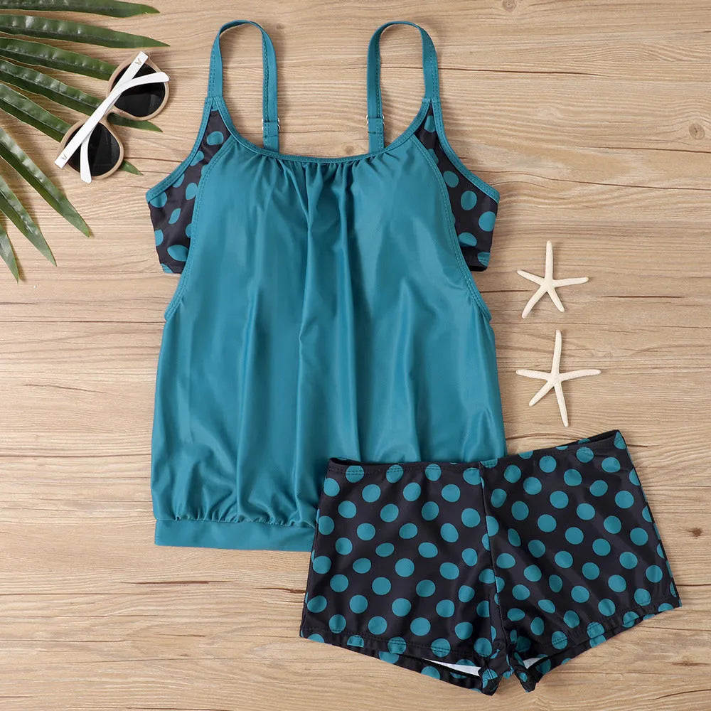 Women's polka dot boxer swimsuit with high waist conservative style in polyester fabric