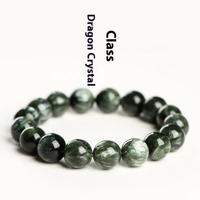 Green Dragon Crystal bracelet with 8-9mm round beads featuring Ruyi geometric design