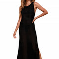 Women's long loose beach blouse with hollow-out knitted design in apricot colour