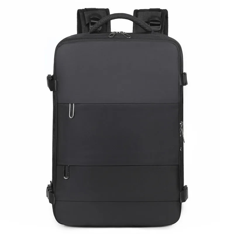 Large purple Oxford cloth travel backpack with multiple compartments and an air pillow belt on the straps.