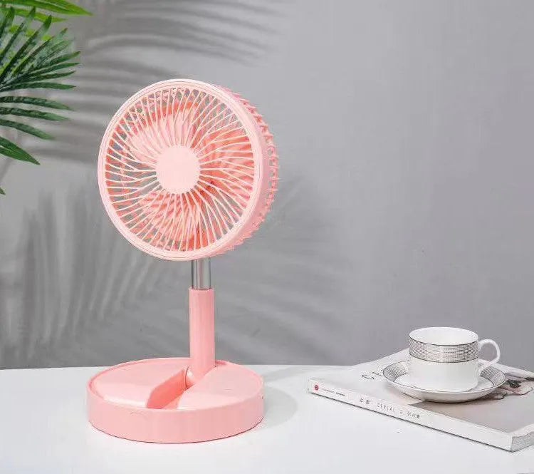 Black portable telescopic folding fan extended to full height with control panel visible.