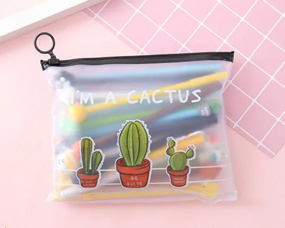 Marvel plastic pen case open showing twenty cartoon cactus design 0.5mm black pens inside.