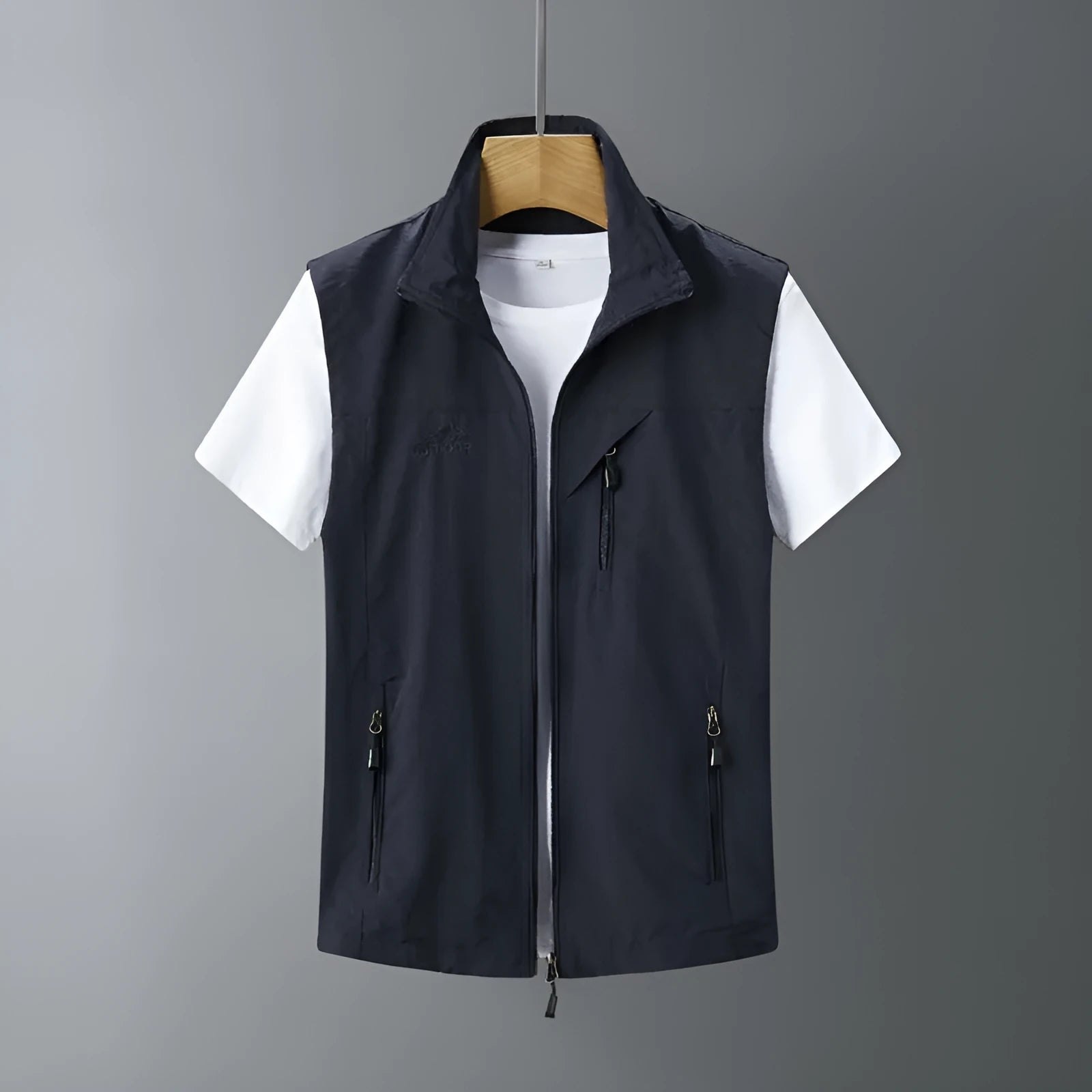 Men's hooded rabbit fur vest waistcoat in slim fit on a model.