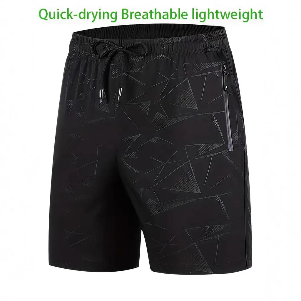 Men's loose-fit casual sports shorts in polyester, shown in black, blue, and grey colour options.