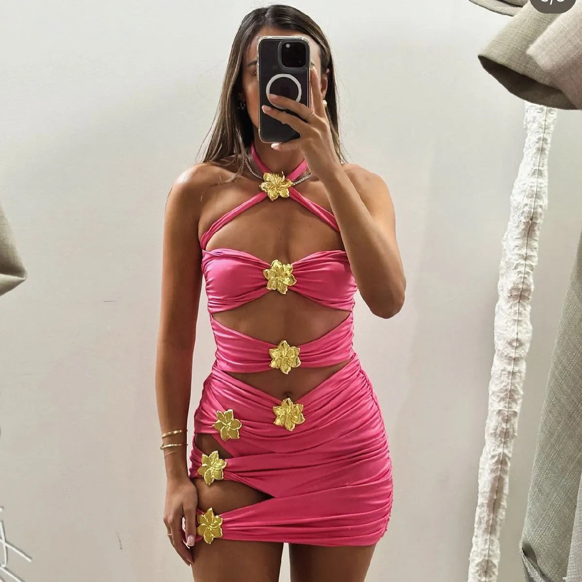 Women's solid colour one-piece swimsuit with matching short skirt, high-waisted design with hollow-out tube top