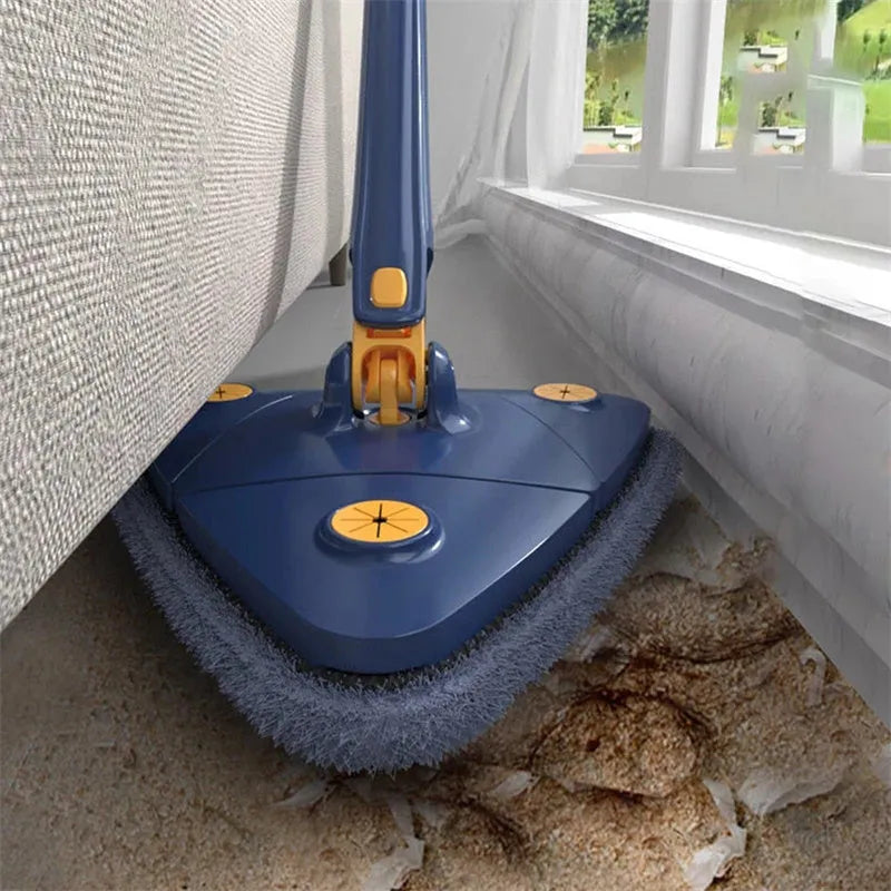Blue triangle cleaning mop with extendable stainless steel pole and 360-degree rotating head