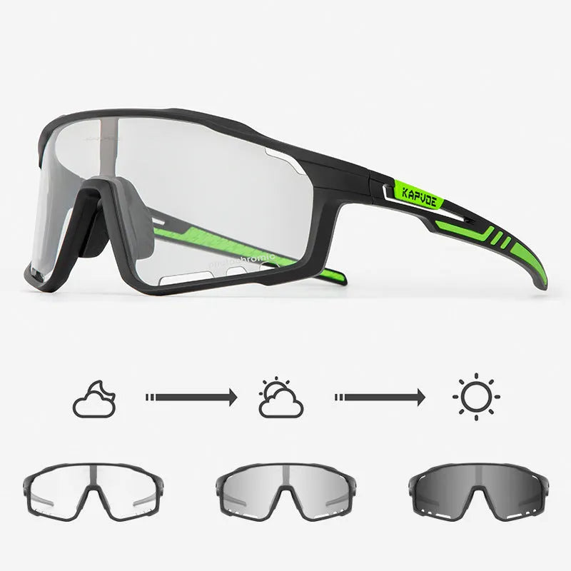 TR90 semi-rimless cycling sunglasses with photochromic lenses, shown in multiple colour options.